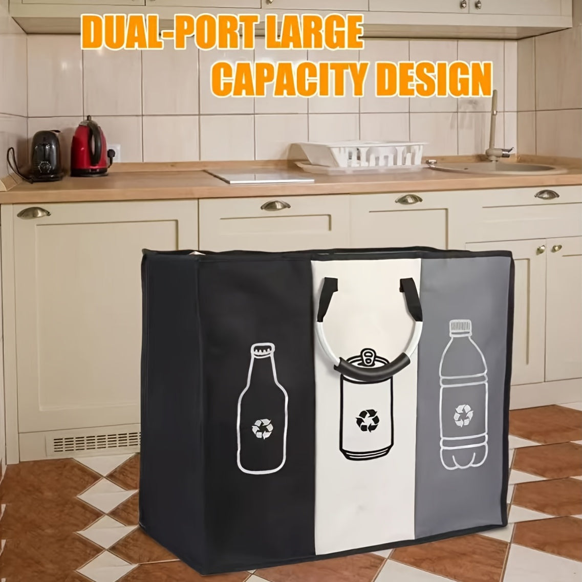 Extra Large 3 Compartment Foldable Recycling Bin Durable Non-Woven Fabric Waste Sorting Bin for Paper Plastic Glass Metal Home Indoor Storage Organizer