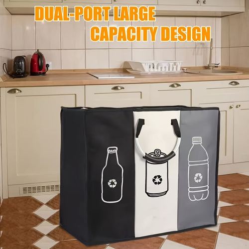 Extra Large 3 Compartment Foldable Recycling Bin Durable Non-Woven Fabric Waste Sorting Bin for Paper Plastic Glass Metal Home Indoor Storage Organizer