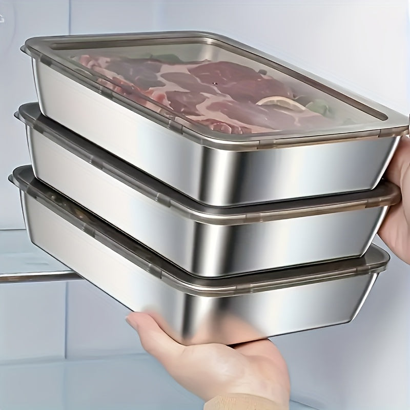 3Pcs Stainless Steel Food Storage Containers Leak Proof Stackable Food Boxes Reusable Airtight Container For Fridge Freezer Kitchen Fruit Meat Vegetable Storage