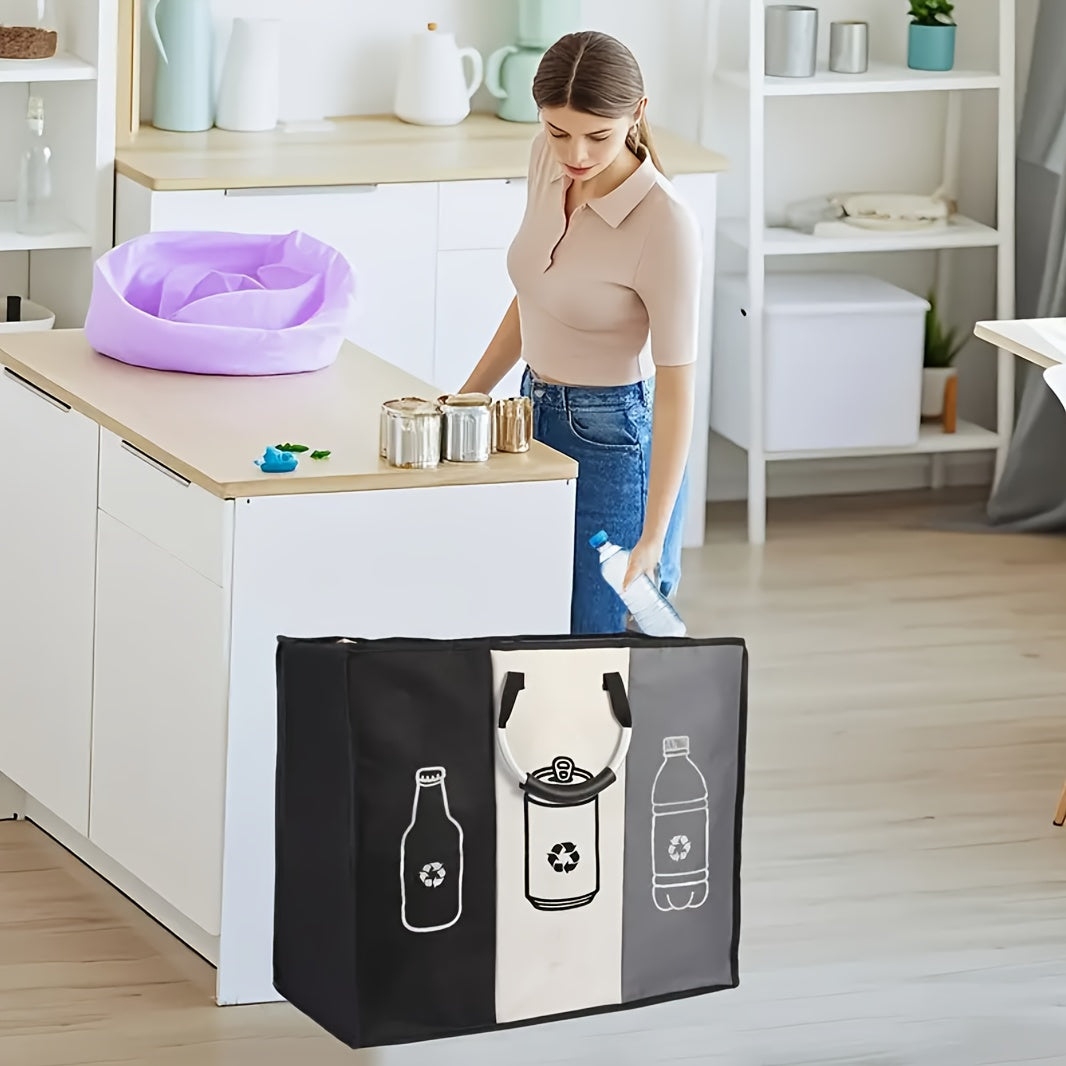 Extra Large 3 Compartment Foldable Recycling Bin Durable Non-Woven Fabric Waste Sorting Bin for Paper Plastic Glass Metal Home Indoor Storage Organizer