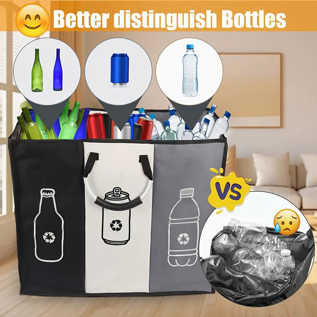 Extra Large 3 Compartment Foldable Recycling Bin Durable Non-Woven Fabric Waste Sorting Bin for Paper Plastic Glass Metal Home Indoor Storage Organizer