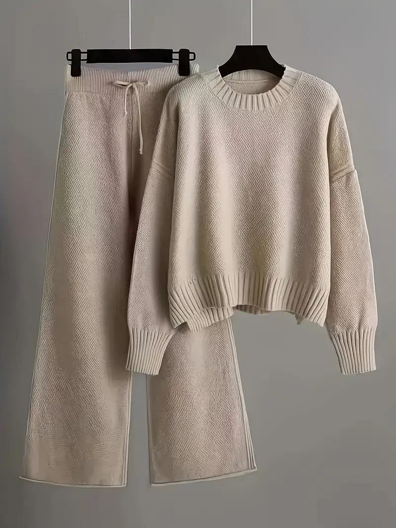 Ladies' Early Autumn New Sweater Fashion Two-piece Set: Unique Pattern Round Neck Drop Shoulder Long Sleeve Pullover + Straight Wide Leg Pants Combination, Loose And Casual Series
