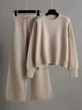Ladies' Early Autumn New Sweater Fashion Two-piece Set: Unique Pattern Round Neck Drop Shoulder Long Sleeve Pullover + Straight Wide Leg Pants Combination, Loose And Casual Series