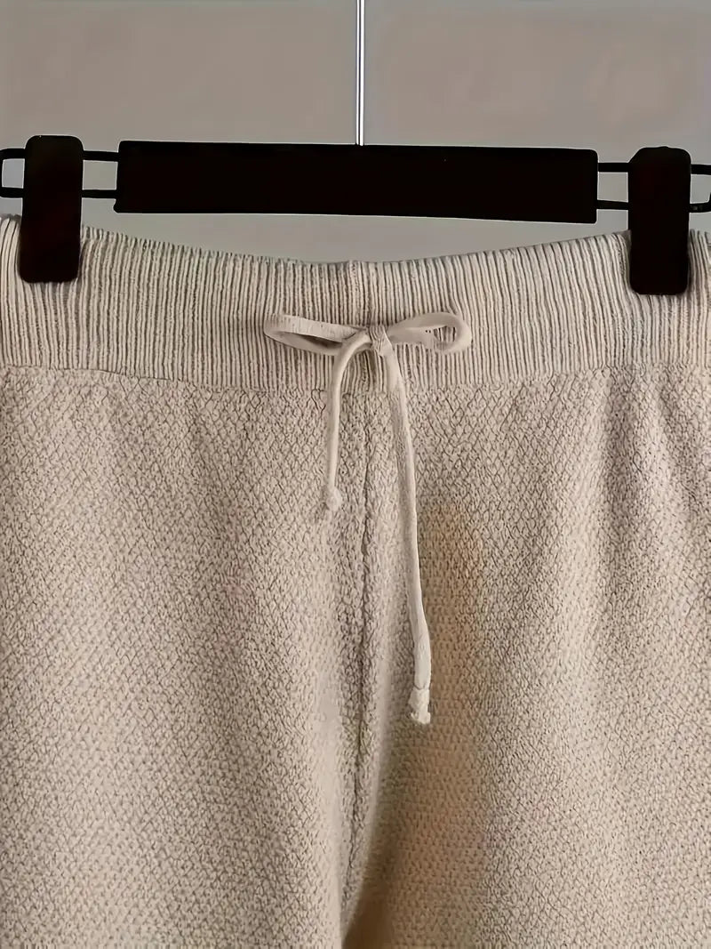 Ladies' Early Autumn New Sweater Fashion Two-piece Set: Unique Pattern Round Neck Drop Shoulder Long Sleeve Pullover + Straight Wide Leg Pants Combination, Loose And Casual Series