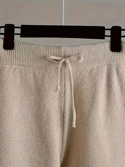 Ladies' Early Autumn New Sweater Fashion Two-piece Set: Unique Pattern Round Neck Drop Shoulder Long Sleeve Pullover + Straight Wide Leg Pants Combination, Loose And Casual Series