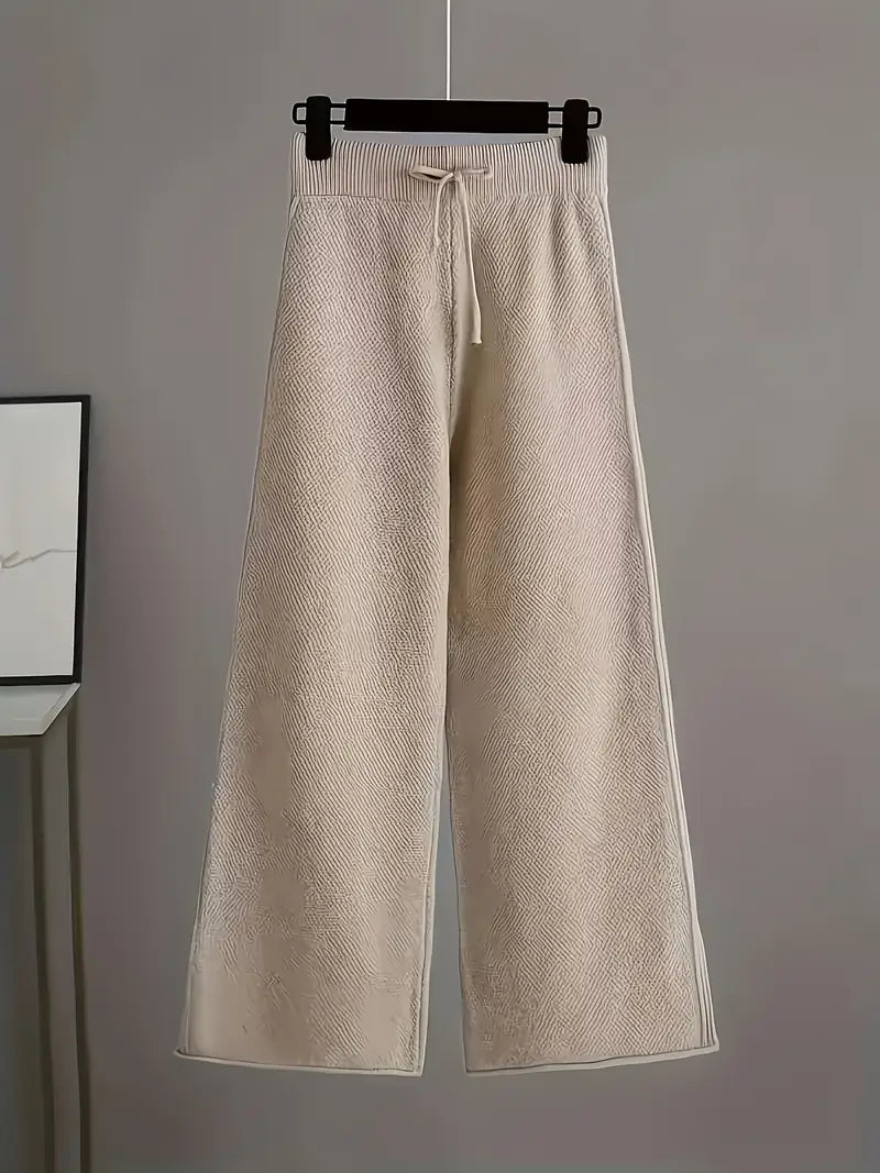 Ladies' Early Autumn New Sweater Fashion Two-piece Set: Unique Pattern Round Neck Drop Shoulder Long Sleeve Pullover + Straight Wide Leg Pants Combination, Loose And Casual Series